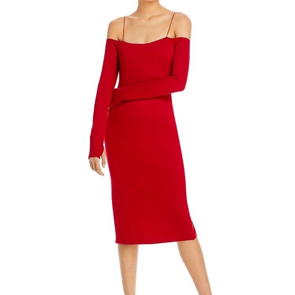 NWT Alice and Olivia Red Dorinda Off The Shoulder Deep Ruby Bodycon Midi Dress - Picture 2 of 10